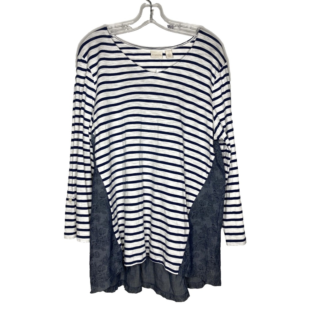 CHICO'S Blouse Women XL Size 3 Blue White Stripe Navy Floral Back V-Neck